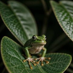 Obraz premium Beautiful green frog perched on a leaf.
