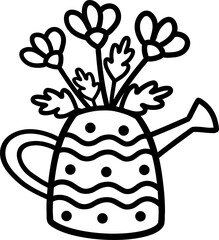 Vector illustration of watering cans in the form of a vase with spring flowers tulips, daisies, peonies. Black and white outline. Cute Seasonal Spring flower illustration for Gardening, clipart