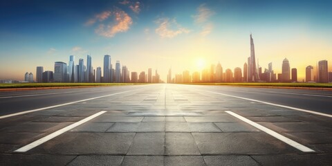 Long Empty Asphalt Road, Sunrise City Skyline, Large Wide Road to City Buildings, Skyscrapers View