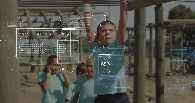 Animation of data processing and connections over caucasian children exercising at obstacle course