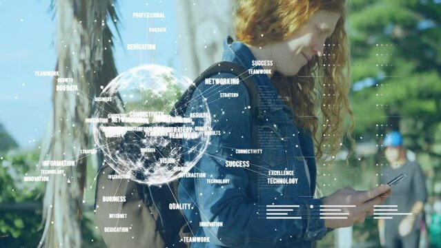 Animation of data processing and globe with business texts over caucasian woman using smartphone
