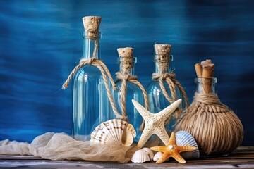 Sea Shells Blue Background, Seashells, Rope and Bottles Mockup in Rustic Style Texture, Wood - obrazy, fototapety, plakaty