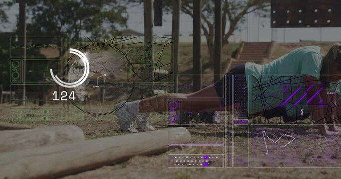 Animation of data processing and globe over diverse women exercising at obstacle course