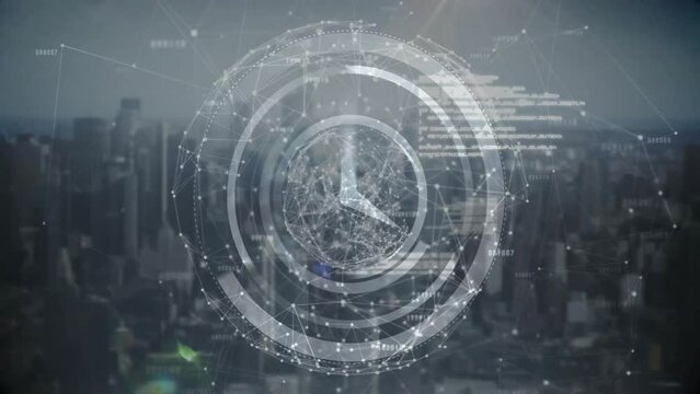 Animation of connections and data processing over clock moving and cityscape