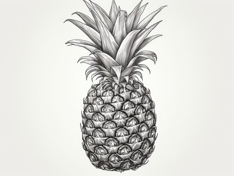 Sketched Pineapple Isolated, Hand Drawn Ananas, Whole Comosus, Engraving Tropical Fruit
