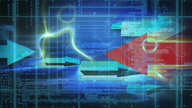 Animation of arrows and data processing over neon shapes moving