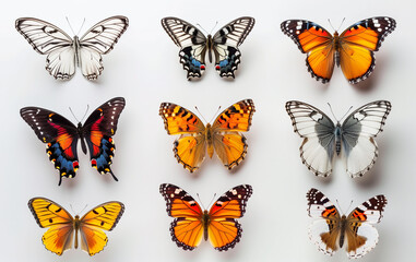 A Group of Colorful Butterflies on a White Background