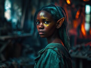 a woman with elf ears and blue hair