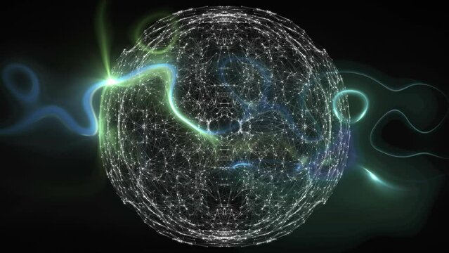 Animation of white shapes and globe over neon shapes moving