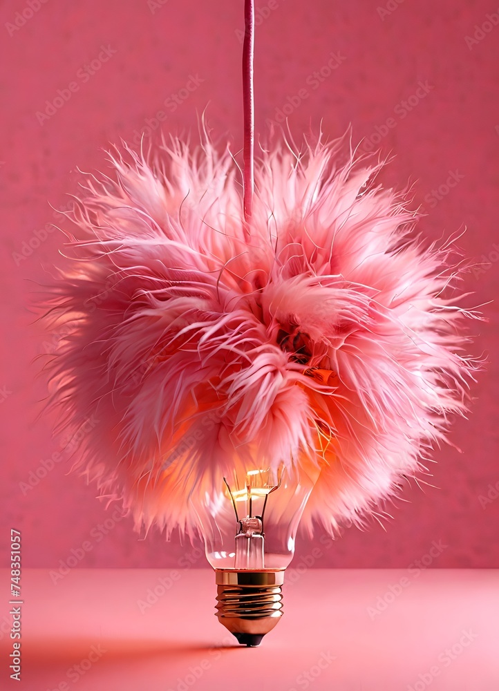 Poster a creative light bulb encased in soft pink feathers hangs against a matching pink backdrop. this ima