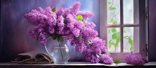 A bouquet of violet lilac flowers fills a vase, placed next to an old wooden window. The vibrant purple blooms stand out against the weathered window frame, adding a pop of color to the room.