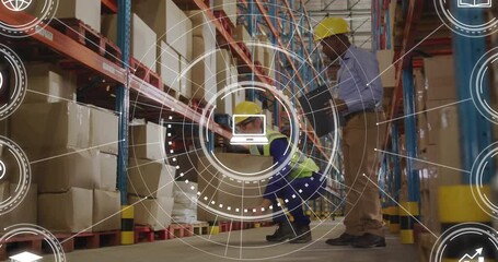 Animation of network of connections with business icons over diverse male workers in warehouse - Powered by Adobe