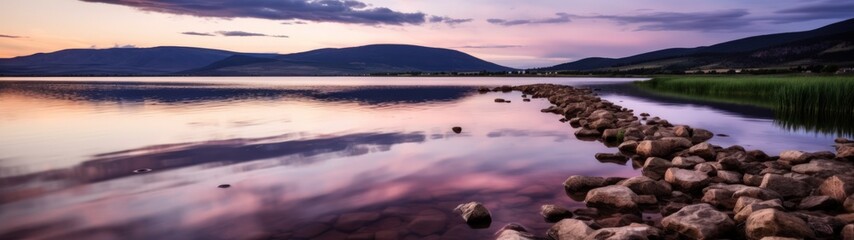 a body of water with rocks and a mountain in the background