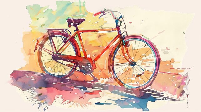 cycling objects in whatercolor style on white background, sharp