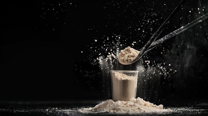 Protein powder floating on a clean black background