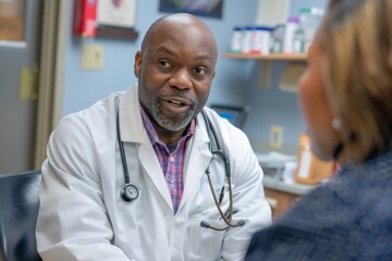 Healthcare professional converses with patient about medications - obrazy, fototapety, plakaty