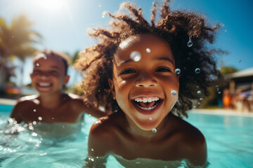 Diverse young children enjoy swimming lessons in pool, learning water safety skills - Powered by Adobe