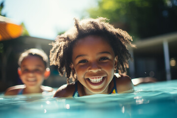 Diverse young children enjoy swimming lessons in pool, learning water safety skills