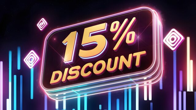 vibrant 3D render of a futuristic "15% DISCOUNT" billboard, hovering in space with a backdrop of neon-lit city skyline. The text is displayed in bold, glowing letters, with a futuristic font