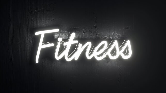 Neon white with text "Fitness" in design font, intense lighting, plain black background. medium angle, hightlight