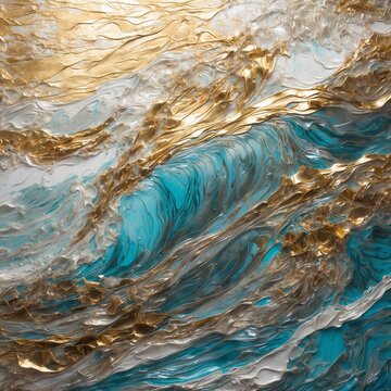 Turquoise waves on silver and gold, dream dance of soft light, sparkling water light, light Tiffany blue and gold, snapshot aesthetics, carved impressionism, Cinstill 50D, smooth acrylic