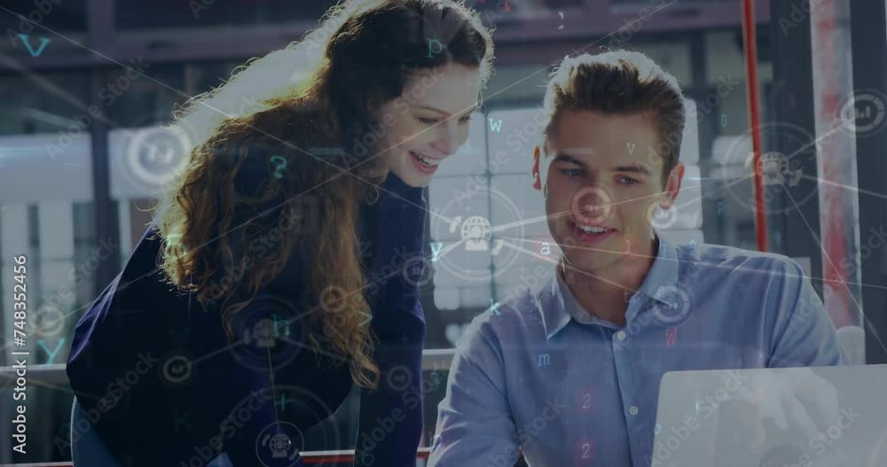 Poster animation of network of connections with icons over caucasian colleagues using laptop