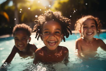 Diverse young children enjoy swimming lessons in pool, learning water safety skills