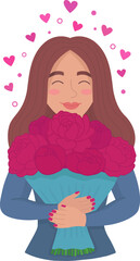 A beautiful girl with burgundy flowers in her hands and hearts. A girl with a bouquet of peonies in her hands. Illustrations of vector design in handmade style.