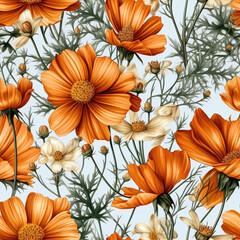 Seamless orange cosmos flowers illustration pattern on white background, wedding wallpaper design. Generative ai