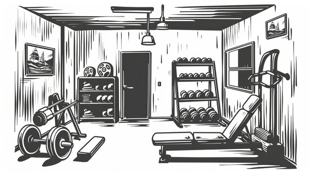 t-shirt design graphic of a gym room in minimalist style, vector, contour, white background