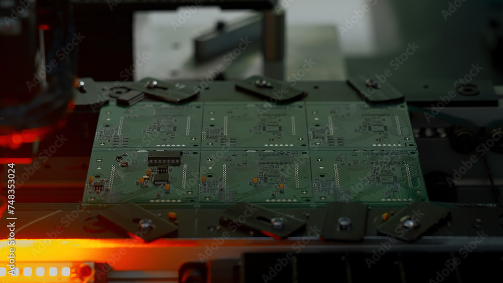 Poster electronic circuit board with processor, chips and capacitors. creative. tech science, computer chip