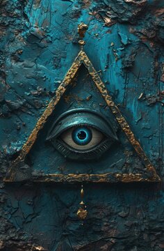 a blue and gold triangle with an all seeing eye