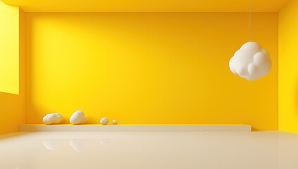 a yellow wall with white balls and a white ball on the wall