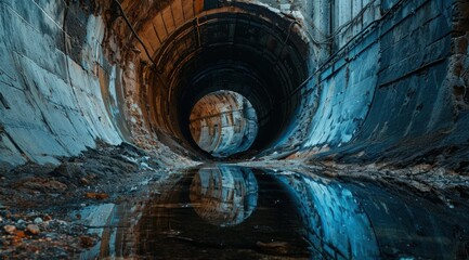 a tunnel with a reflection of a building