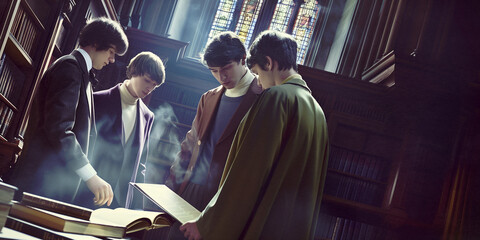 Students with Mysterious Book in Antique Library - obrazy, fototapety, plakaty