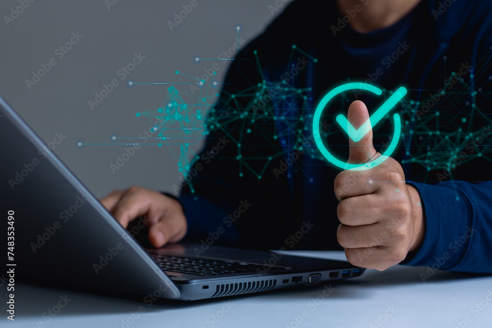 Poster businessman touching a checked icon on virtual screen. service guarantee, validation concept for bus