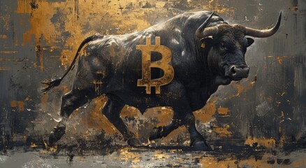 a bull with a bitcoin symbol on it - obrazy, fototapety, plakaty