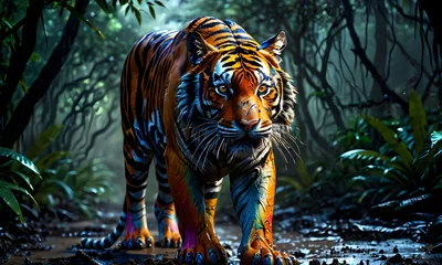 Fotobehang The tiger's intense stare pierces through the shadows of the rainforest, as it navigates the muddy terrain with silent grace. Its striped coat shimmers with the echoes of the jungle's whispers. AI © Anastasiia
