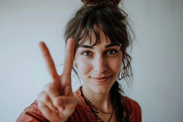 a woman holding up two fingers - obrazy, fototapety, plakaty