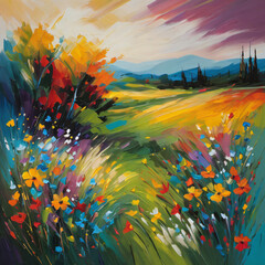 Vibrant Poppy Meadow Under the Summer Sky: Abstract Floral Landscape with Rainbow Colors