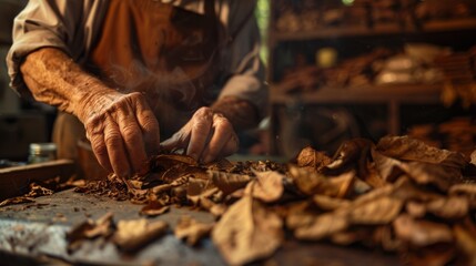 Traditional Tobacco Processing, making cuban cigars - obrazy, fototapety, plakaty