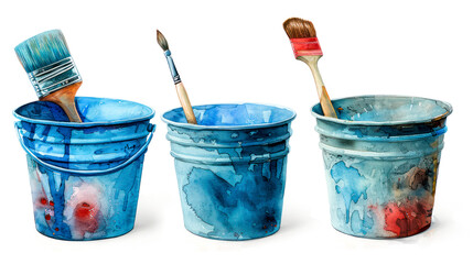 Three paint buckets with brushes isolated on white background