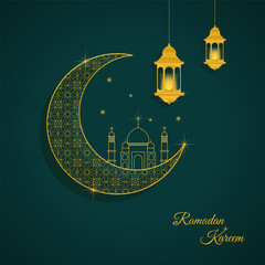 Ramadan kareem. Islamic background. Ramadan islamic holiday invitations templates with gold crescent moon. Luxury design. Vector illustration.