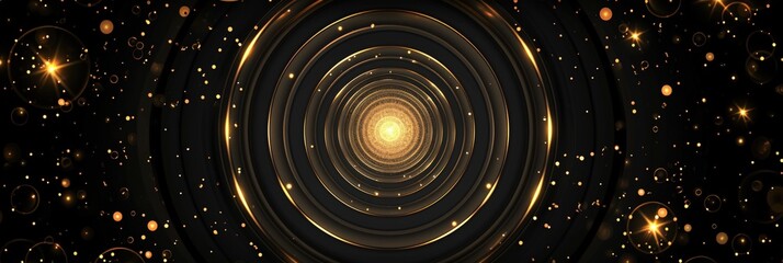 a black and gold circular pattern with lights - obrazy, fototapety, plakaty