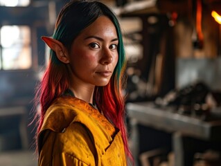 Fototapeta premium a woman with colorful hair and a yellow jacket