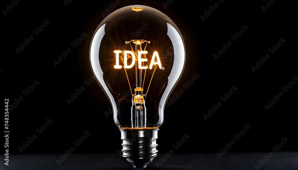 Poster against a stark black backdrop, a solitary light bulb radiates with the word 'idea', etched in lumin