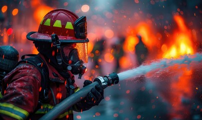 A firemen using fire hose to extinguish a fire - Powered by Adobe