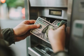 Dollar bills being withdrawn from ATM in close-up view - obrazy, fototapety, plakaty