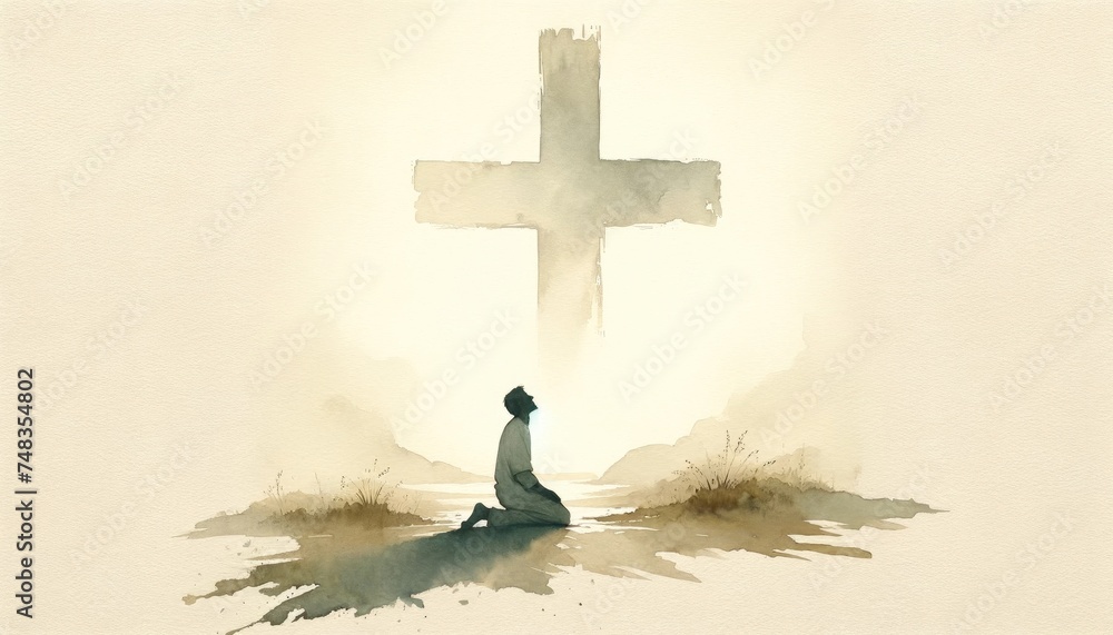 Poster christian man praying in front of a cross in a watercolor style. digital watercolor painting.