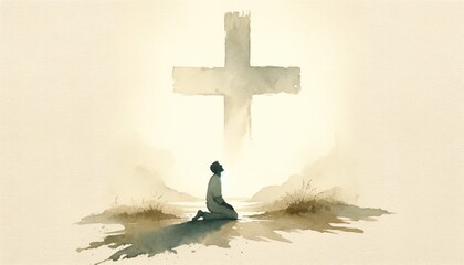 Christian man praying in front of a cross in a watercolor style.  Digital watercolor painting. - obrazy, fototapety, plakaty